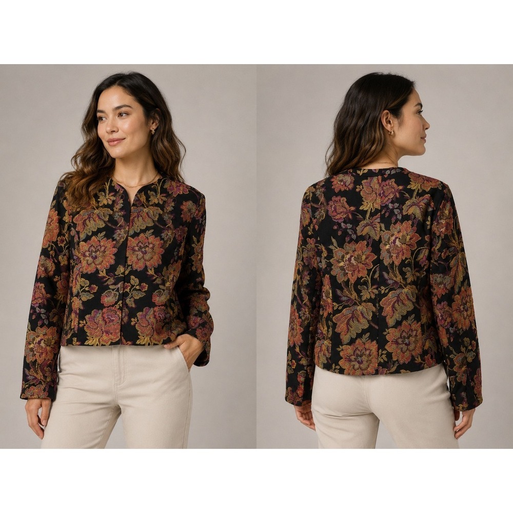 Sandra Darren Floral Tapestry Open Front Jacket Women's Size 18 Black Multicolor